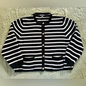 J. Crew Black & White Striped Gold-Button Cardigan